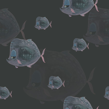 Muted fish seamless pattern on black background. Dark marine design. Hand-painted watercolor illustration of pensive fish. Perfect for stylish school supplies, textile, wrapping paperの写真素材