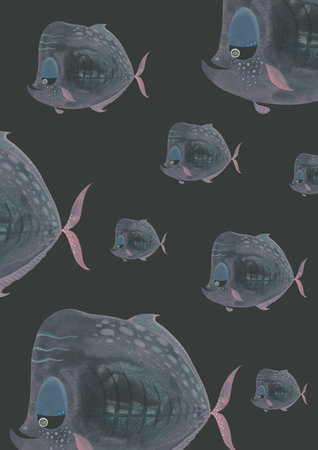 Fish illustration on black. Dark marine A4 cover template. Hand-drawn watercolor composition. Perfect for stylish school supplies, notebooks, aesthetic stationery designの写真素材