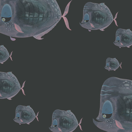 Frame with transparent watercolor fish on black. Hand-drawn illustration. Muted pink tones on a dark...