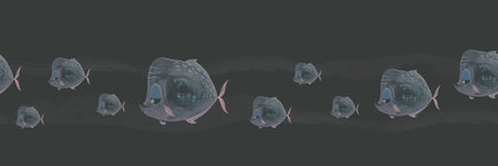 Seamless border with watercolor fish on black background. Hand-painted translucent soft wave silhouettes. Muted tones. Perfect for stationery, dark ocean-themed designs, and fabricsの写真素材