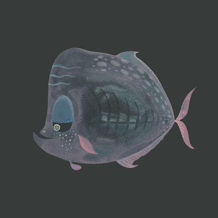 Watercolor fish in dark tones. Hand-drawn delicate translucent textures. A quiet, thoughtful marine creature with soft artistic detail and a ethereal atmosphere on black backgroundの写真素材