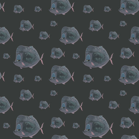 Translucent fish seamless pattern on dark background. Ghost-like ocean creatures in darkness. Hand-drawn watercolor illustration. Great for modern packaging, stylish gift bags, and stationeryの写真素材