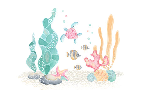 Ocean life watercolor illustration. Cartoon style. Hand-drawn sandy seabed with seaweed, seashells, fish and turtle. Perfect for marine greeting cards, stationary covers design, kids decorの写真素材