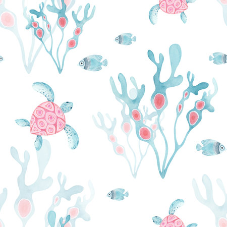 Underwater world seamless pattern with turtle, fish and seaweed. Hand-drawn watercolor marine illustration in pink and blue. Perfect for stationery,, gift wrap kids textiles, and nursery decor.の写真素材