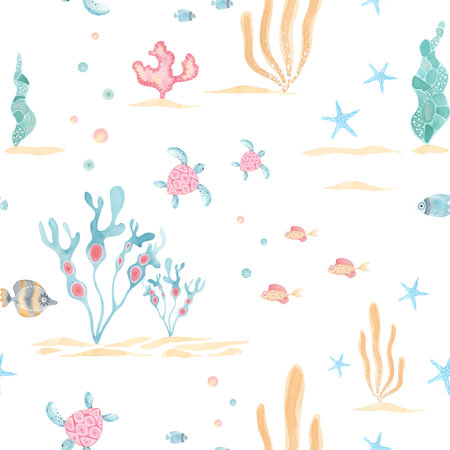 Underwater cartoon pattern. Cute sea animals and seaweeds in pastel tones. Hand-painted watercolor illustration. Perfect for nursery decor, kids textile, ocean-themed projectsの写真素材