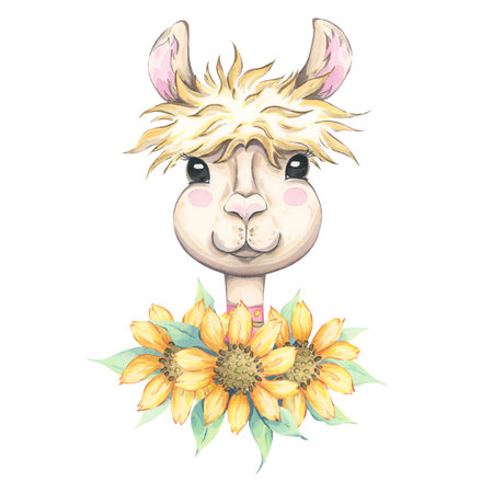 Llama with sunflowers watercolor illustration. Cartoon hand-painted llama head decorated with bright yellow flowers. Perfect for kids designs, nursery prints, and cheerful summer decorationsの写真素材