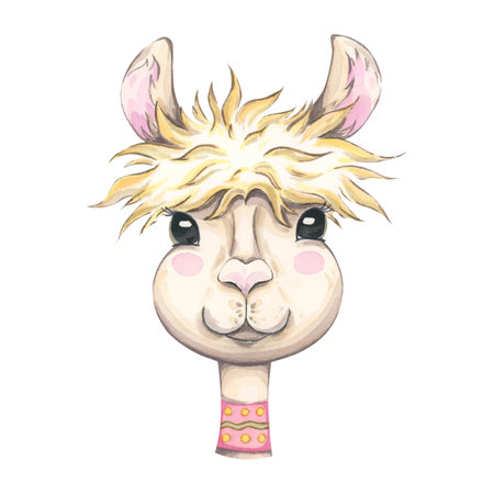 Cartoon llama face watercolor illustration. Cute hand-painted animal portrait with fluffy for, big eyes, and pink chicks. Perfect for kids and nursery decor, stickers, avatars, printsの写真素材