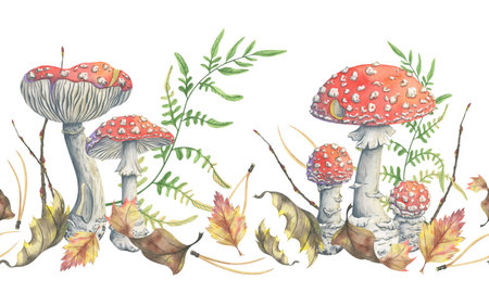 Fly agaric autumn seamless border. Hand painted watercolor illustration with bright mushrooms, dry leaves, fern and pine needles. Picturesque amanita. Perfect for seasonal design and fabric printsの写真素材