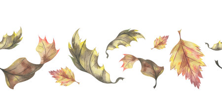 Autumn dry leaves seamless border. Hand painted watercolor illustration. Natural fall foliage design for wrapping paper, fabric and seasonal decorationの写真素材