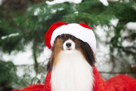 Close-up Portrait of the cute papillon dog in a Santa hat in the forest, Adorable toy continental dog is ready to Christmas.の写真素材