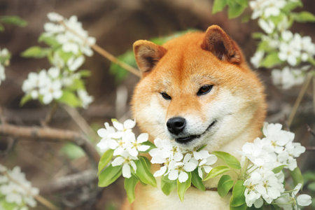 Close-up portrait of Beautiful shiba inu dog posing against the background of branches of blooming apple tree. gorgeous shiba inu on white flowers backgroundの写真素材