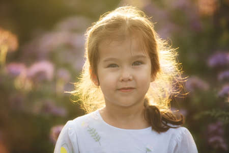 Close-up Portrait of a little cute girl wearing white dress in the purple phacelia flowers field at sunsetの写真素材