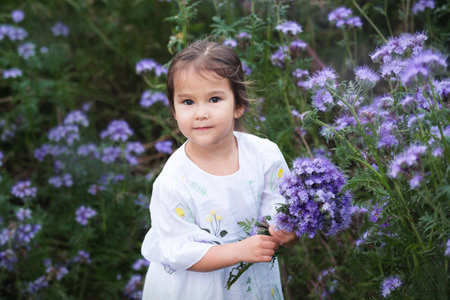 Portrait of a cute little girl wearing white dress and holding the purple flowers bouquet in the purple phacelia flowers field at sunsetの写真素材