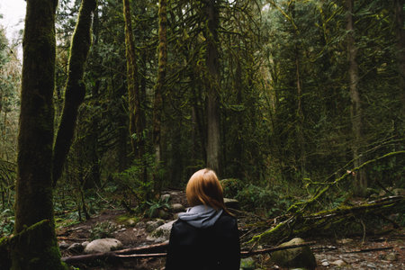 Green rainforest with woman walking throughの写真素材