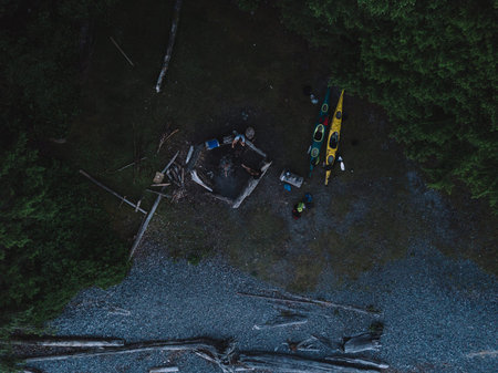 Remote campsite near beach in the evening