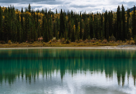 Alaskan mountains with glaciers, trees and snow caps in autumn season during sunset reflecting in...