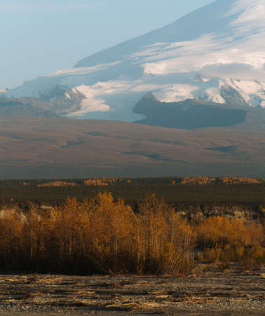 Seasonal color of landscape with forest, mountains and rivers in autumn colors in Alaska during sunsetの写真素材