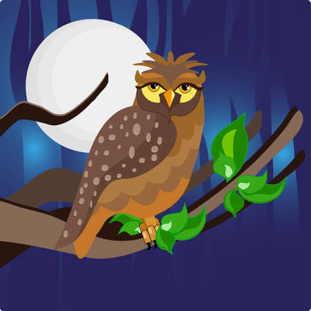 owl perched on a twig with a dark blue night the moon in the background.のイラスト素材