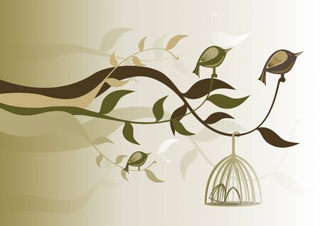 birds free of the cage and perched on branchesのイラスト素材