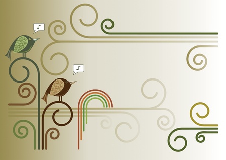 Two birds perched on branches and singing happily.のイラスト素材