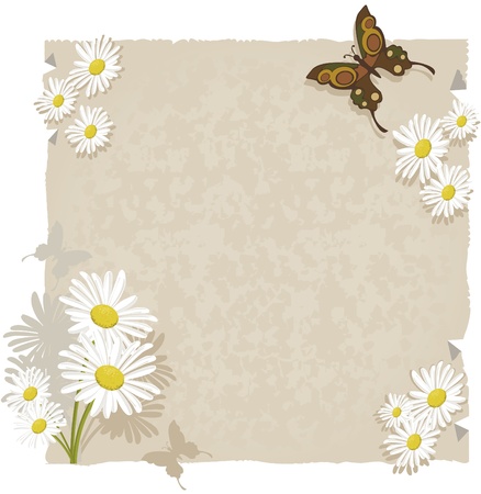 Paper with daisies and butterflies.Textured paper with daisy decorations and even butterflies. For use as background or ornaments.のイラスト素材