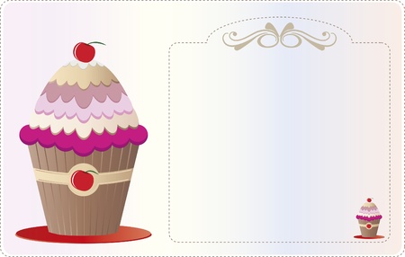 Paper invitation with ornaments and illustrated with a cupcake. For use on background and invitations or decorations.のイラスト素材
