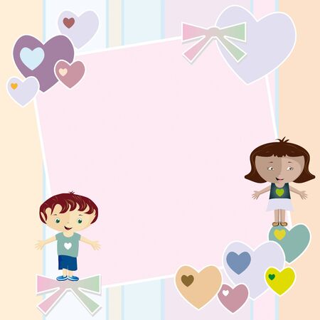 Frame decorated with hearts and bows and two children with open armsのイラスト素材