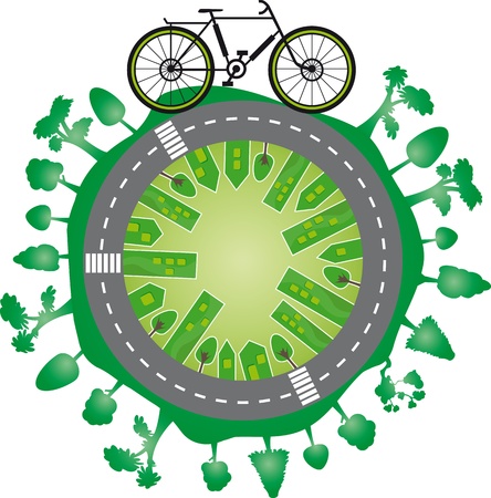 Green world and bike  World city with green trees and a bycicle on a bike path のイラスト素材