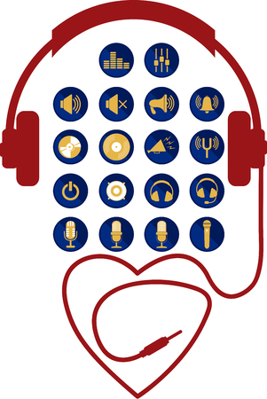 Set with icons and sound a headset wired heart shapeのイラスト素材