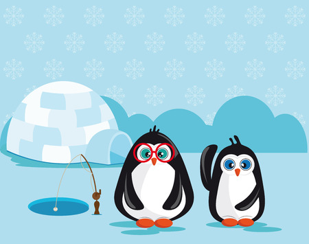 Two penguins fishing near an igloo and ice crystalsのイラスト素材