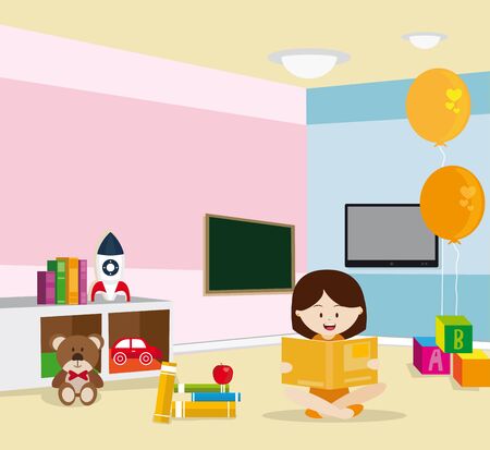 Girl reading sitting on the floor in a room with toys Severalのイラスト素材
