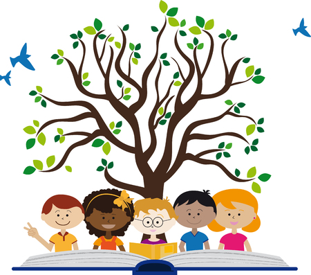 Children with an open book and a tree of wisdom.のイラスト素材