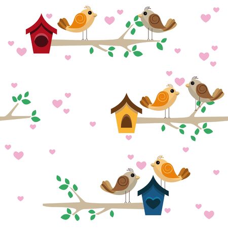 Birdies dating on a branch with a little houseのイラスト素材