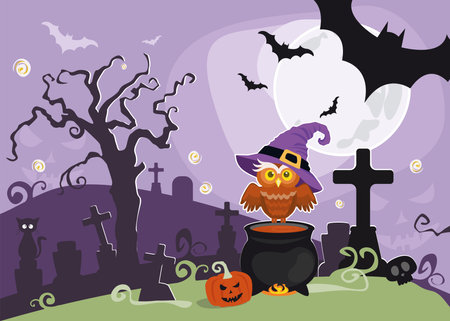 Halloween background with scary owl, bats and cauldron. Vector illustration.のイラスト素材