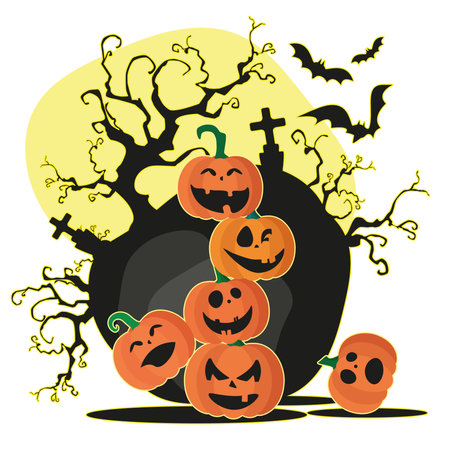 Halloween pumpkins with scary tree and bats. Vector illustration.のイラスト素材