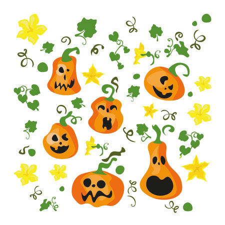 Set of cute pumpkins with different faces and flowers. Vector illustration.のイラスト素材