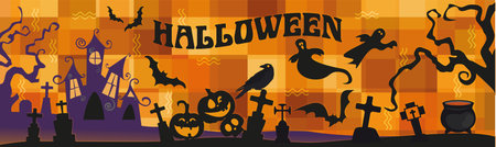 Halloween background with pumpkins, bats, ghosts and cauldronのイラスト素材