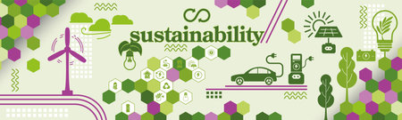 Ecology banner. Renewable energy. Vector illustration in flat style. Sustainability.のイラスト素材