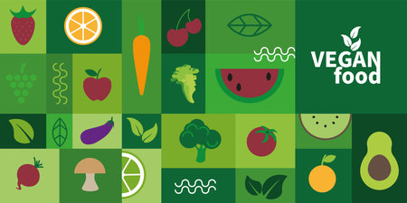 vegan food icons set with fruits and vegetables vector illustration graphic designのイラスト素材