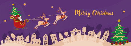 Merry Christmas - Santa's sleigh with reindeer and stars - merry christmasのイラスト素材