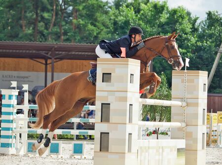 SAINT-PETERSBURG-JULY 17: Rider Gunnar Klettenberg on Bingo in Jumping show, stage of the International show jumping event CSI3*-W/CSIYH1*, on July 17, 2011 in Saint Petersburg, Russia のeditorial素材