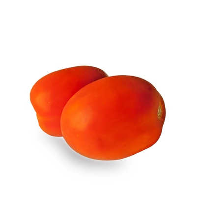 Two Plum tomatoes  on white backgroundの写真素材