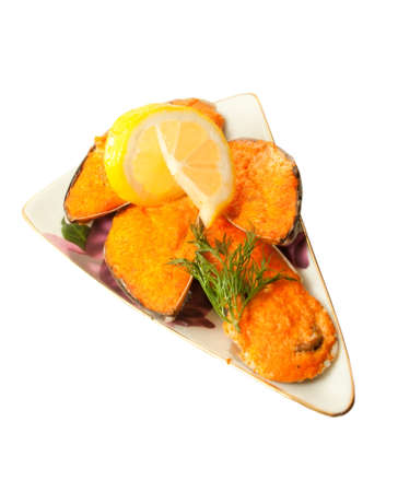 Yummy baking mussels under roe isolated on whiteの写真素材