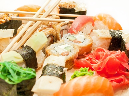 sushi setl and chopsticks on the desk closeupの写真素材