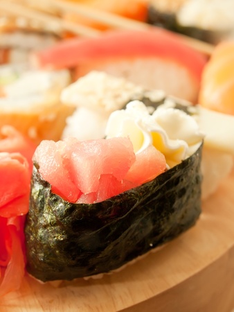 cream-sushi with tuna around sushi setの写真素材