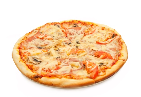 Pizza with salami, tomatoes and chicken isolated on whiteの写真素材