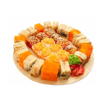  sushi rolls in range on the desk isolated on whiteの写真素材