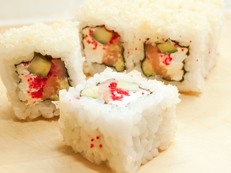 closeup of a sushi rolls on the deskの写真素材