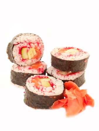rolls with shrimp, salmon and red masago isolated on whiteの写真素材