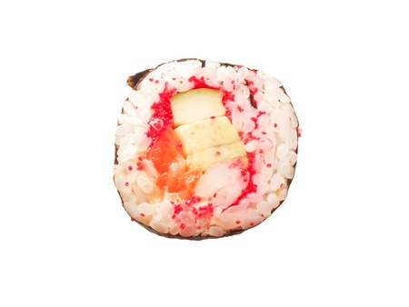 one roll with shrimp, salmon and red masago isolated on whiteの写真素材